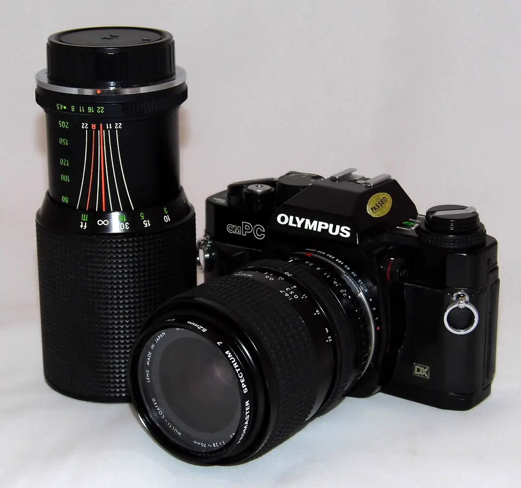 Vintage Olympus OM-PC (aka OM-40) 35mm SLR Film Camera With Seikor 80=205mm Macro Zoom Lens (Korea), Camera Made In Japan, Circa 1985