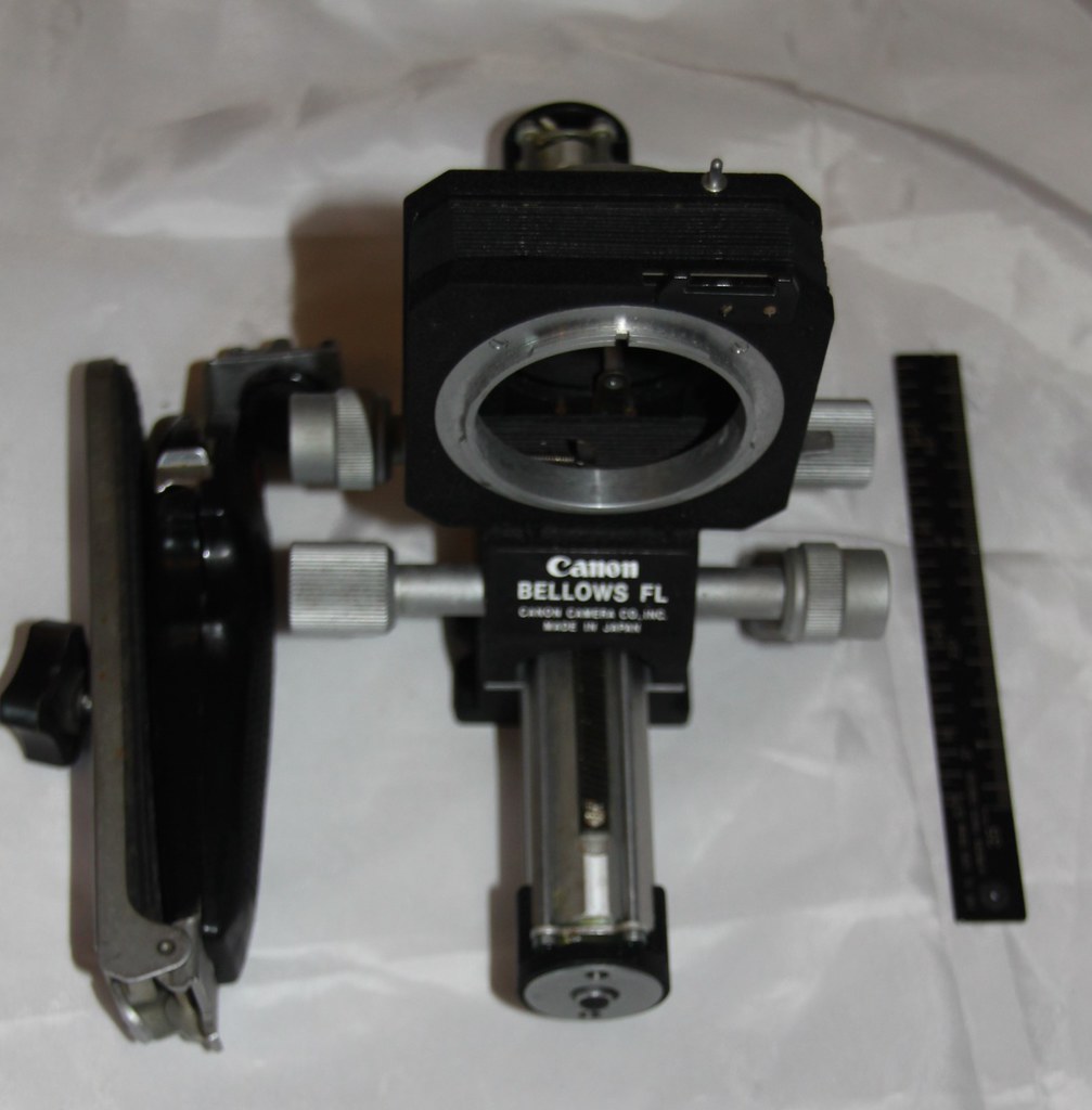 A Canon FT QL 35mm Film camera, I used from 1969 until 1993. 50mm. 1.4 lens. Bellows unit to which slide holder was fitted to make copies of slides, or was fitted directly to lens with the lens fitted last, for macro-photography.